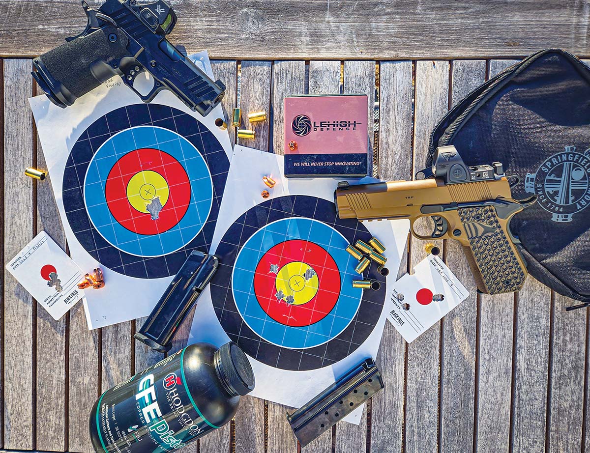 This load using Hodgdon CFE Pistol powder and 90-grain Lehigh Xtreme Defense bullets performed especially well in the Prodigy and respectably in the TRP. This would be an excellent choice for self-defense as the permanent and temporary wound cavity created by this bullet is impressive.